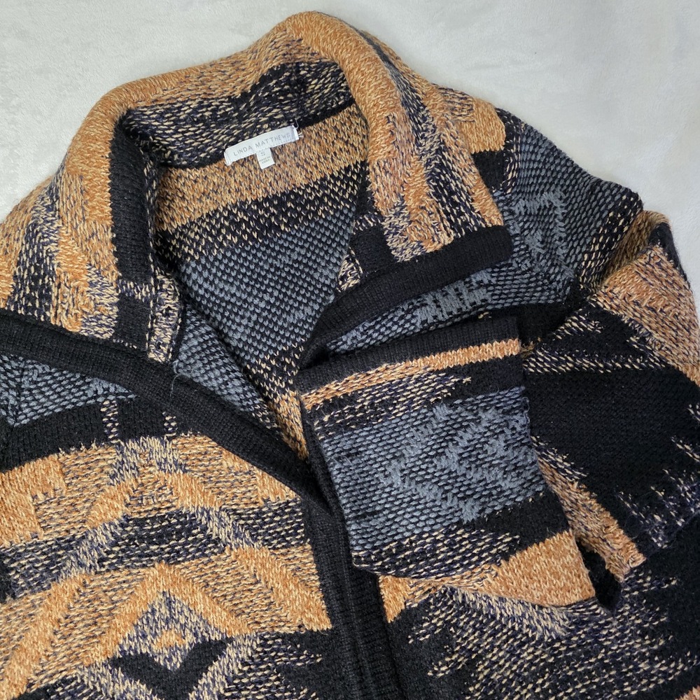 Linda Matthews Womens Small Brown Aztec Boho Striped Long Open Front‎ Cardigan